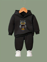 Cartoon Owl Print Hooded Pullover Pants Set for Kids Sports
