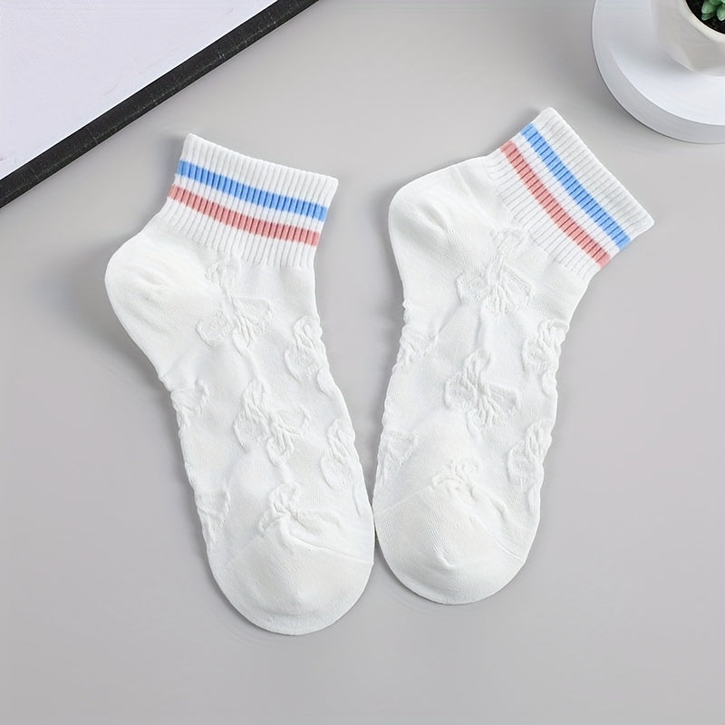 5 Pairs 3D Textured Socks Soft Striped Trim Short Socks Women's Stockings