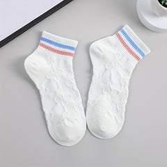 5 Pairs 3D Textured Socks Soft Striped Trim Short Socks Women's Stockings