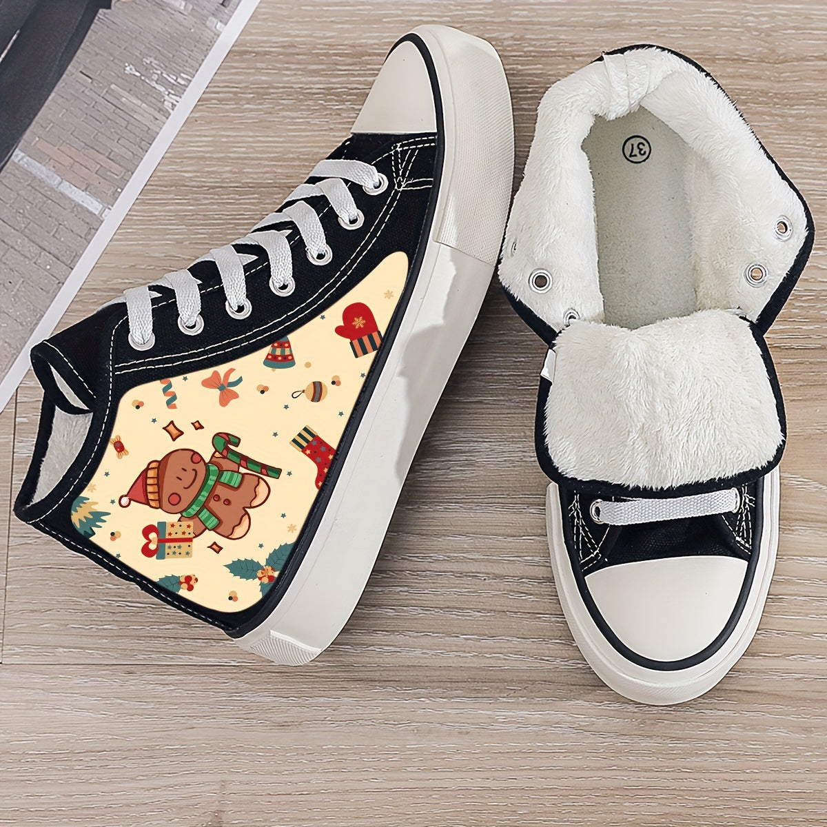 Gingerbread Print Plush Lined Thermal Canvas Sneakers