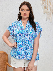 Boho Blouse Women's Paisley Print Ruffle Trim V Neck Blouse