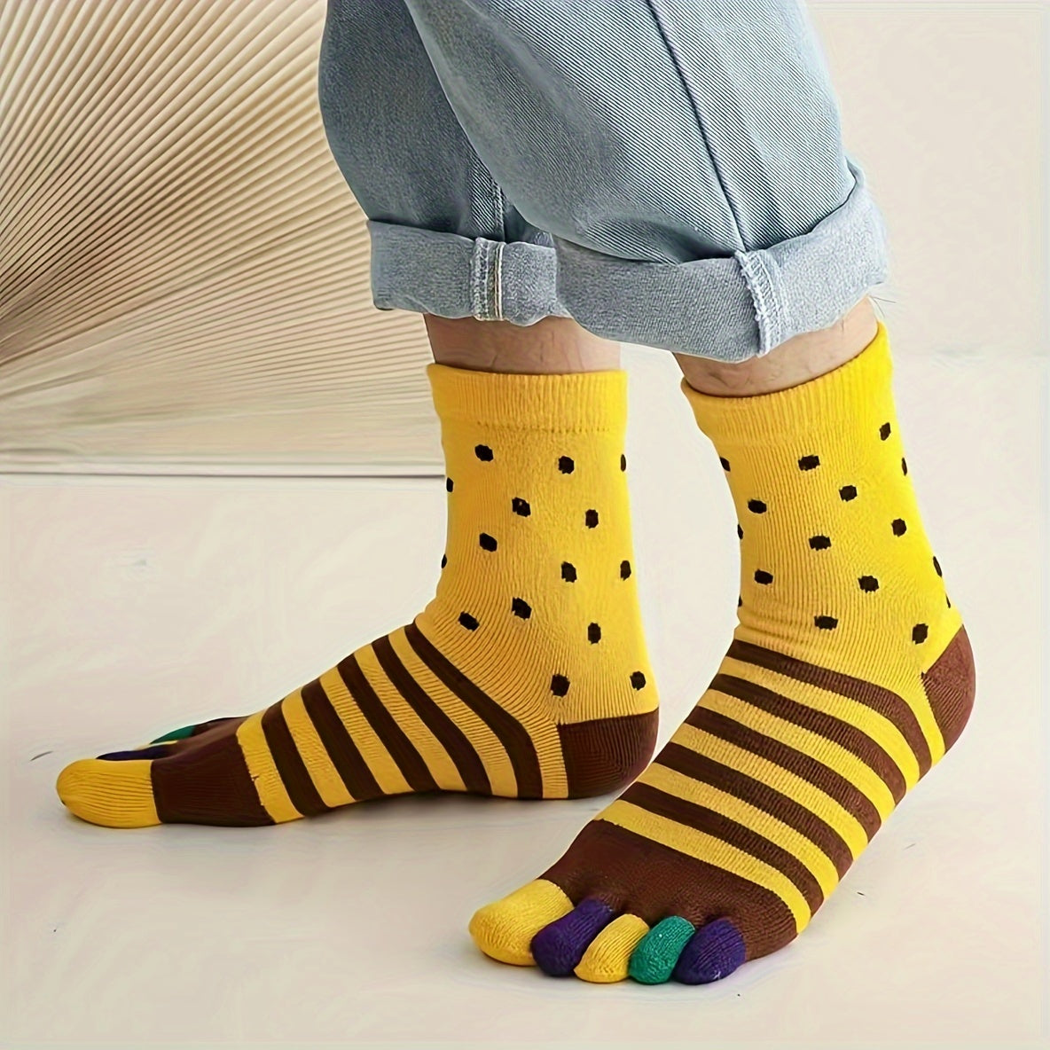 Men's Split Toe Tabi Socks Low Cut Five Toe Stripe Design