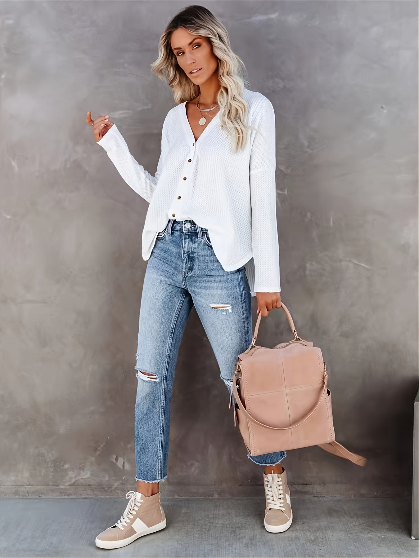 V Neck Button Cardigan Drop Shoulder Long Sleeve