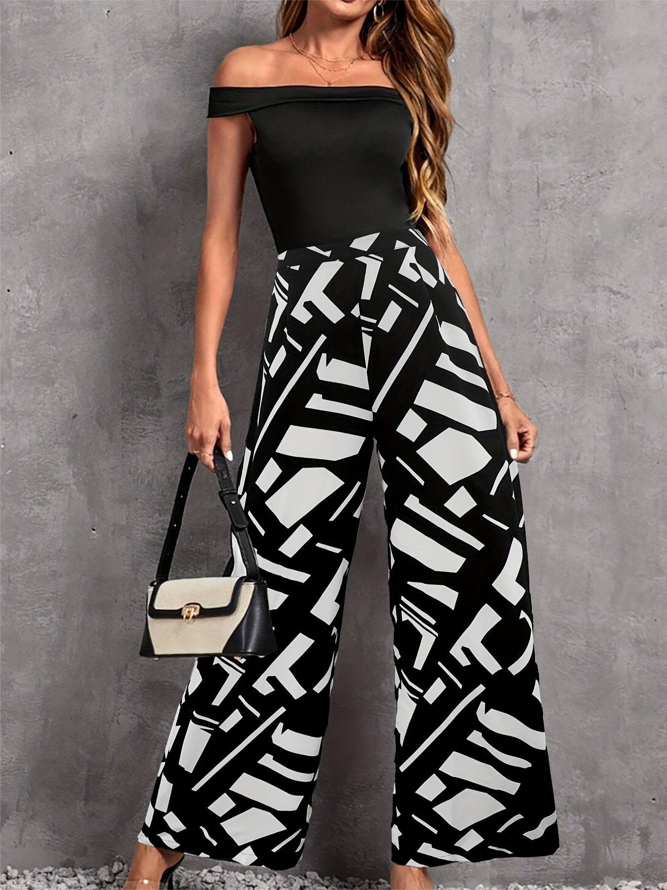 Off Shoulder Top & Geo Print Pants Set Women's Clothing