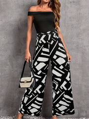 Off Shoulder Top & Geo Print Pants Set Women's Clothing