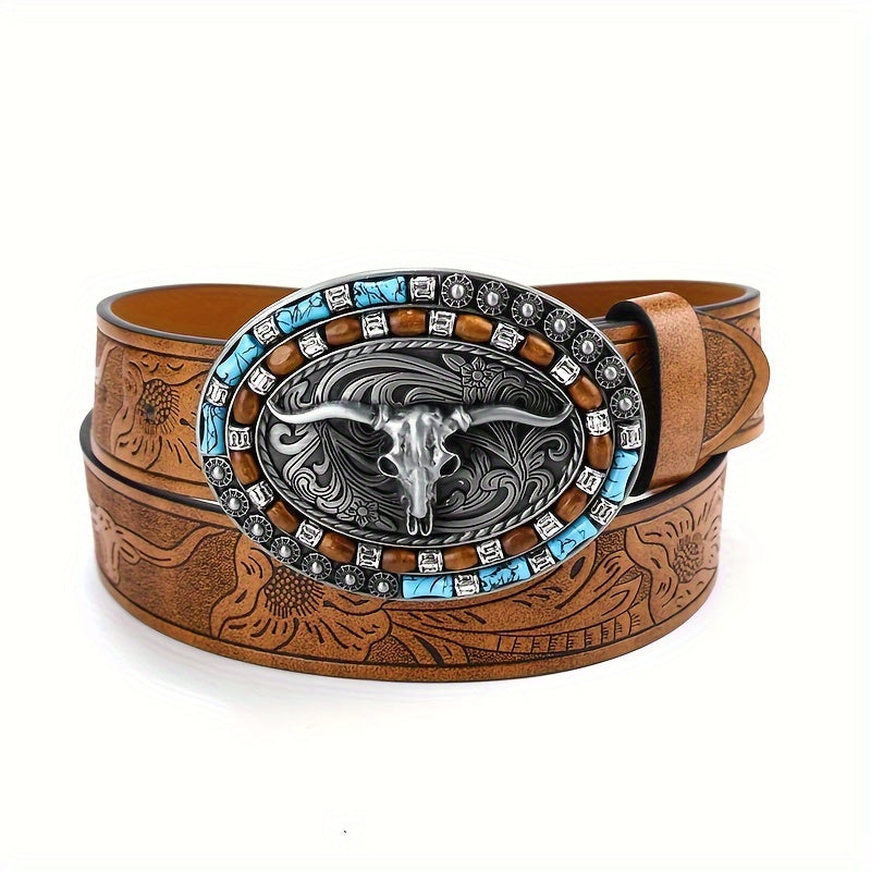 Vintage Western Cowboy Leather Belt with Cow Head Large Buckle