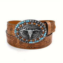 Vintage Western Cowboy Leather Belt with Cow Head Large Buckle
