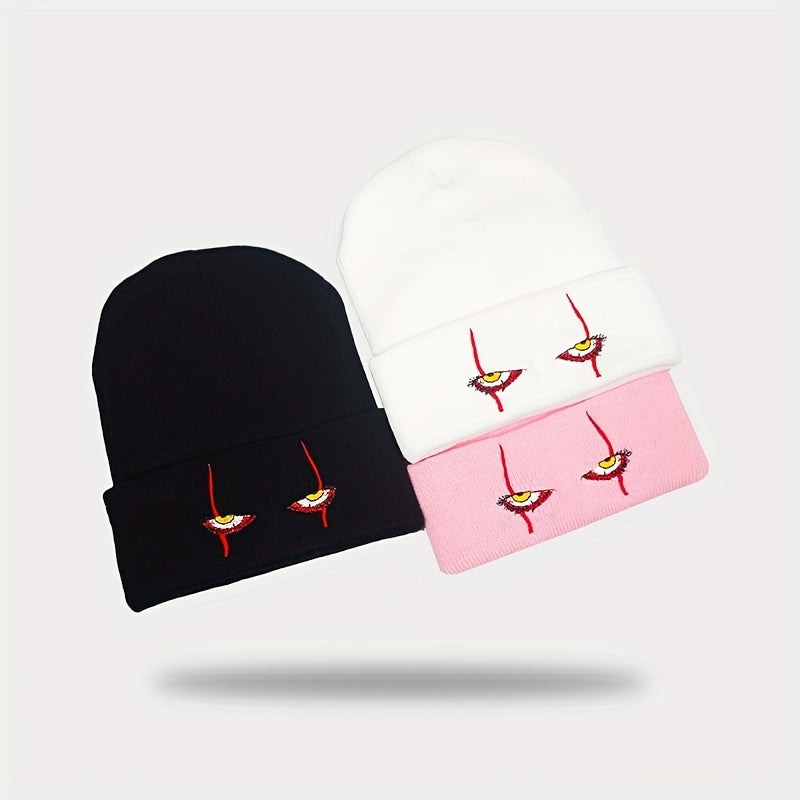 Scary Eyes Embroidery Beanie Horror Elastic Knit Hat Hip Hop