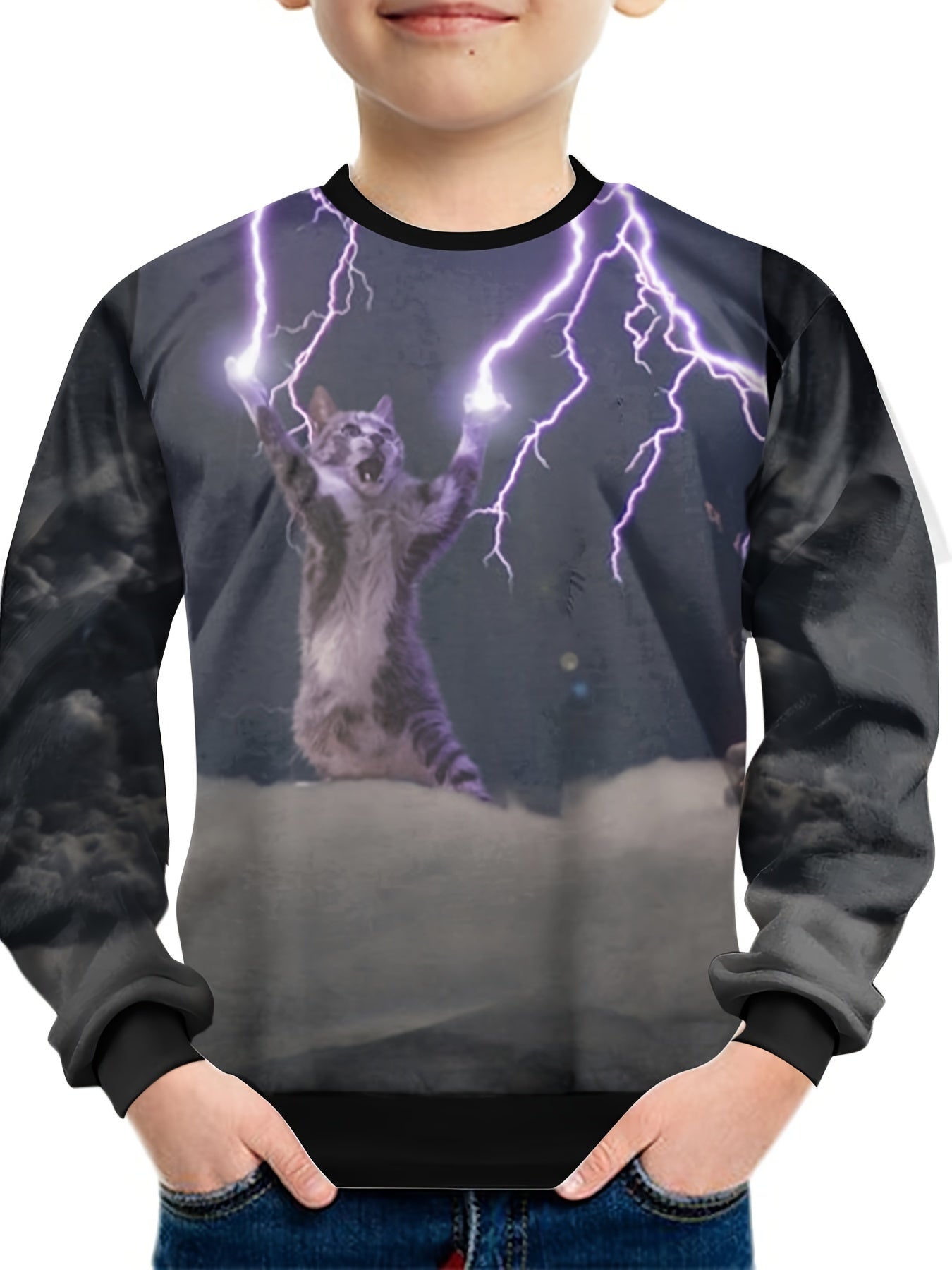 Lightning Cat Print Kid's Sweatshirt Pullover Long Sleeve Top