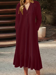 Solid Long Sleeve V Neck Ruffle Trim Maxi Dress With Pockets