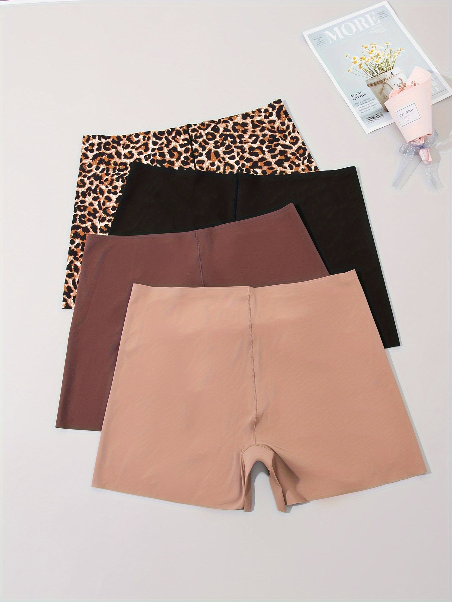 4pcs Leopard & Solid Boyshort Panties Soft & Comfortable Stretch Panties