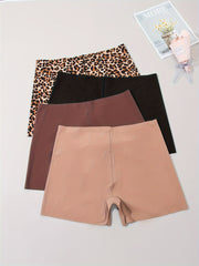 4pcs Leopard & Solid Boyshort Panties Soft & Comfortable Stretch Panties