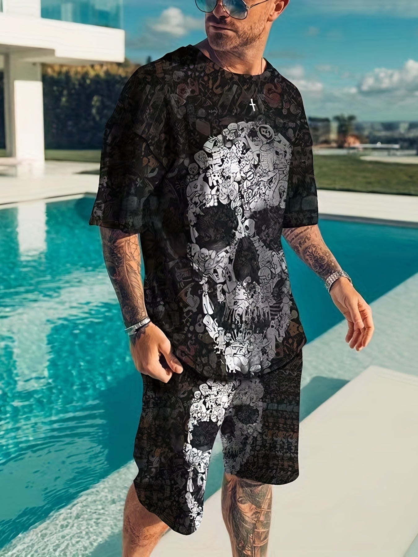 Men's Skull Graphic T shirt & Active Shorts Set