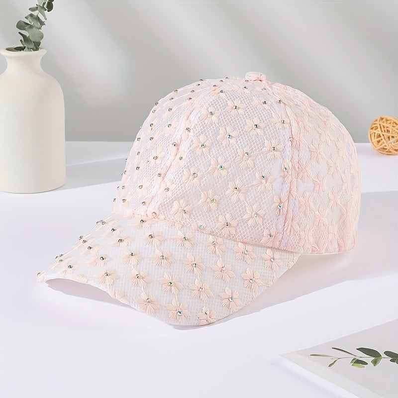 Rhinestone Lace Baseball Cap Flower Embroidery Mesh Sun Hat