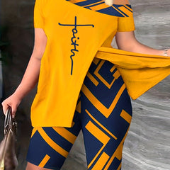 Graphic Print Matching Two piece Set Casual Short Sleeve Off Shoulder T shirt