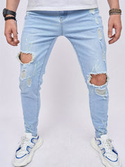 Slim Fit Ripped Jeans Mens Casual Street Style High Stretch Denim Pants