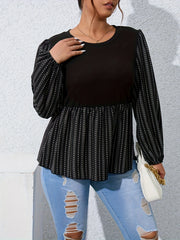 Blouse Women's Plus Colorblock Dot & Stripe Print Lantern Sleeve