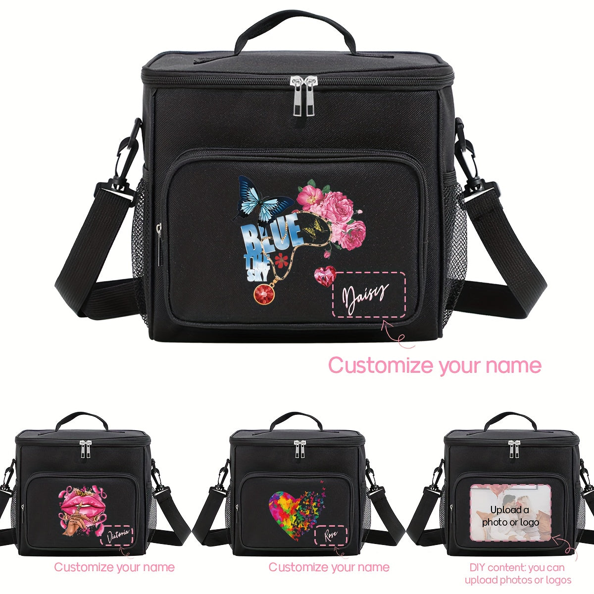 Custom Insulated Lunch Bag Personalized Name & Photo Shoulder Strap