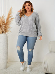 Plus Size Solid Long Sleeve Knit Top V Neck Drop Shoulder Pullover