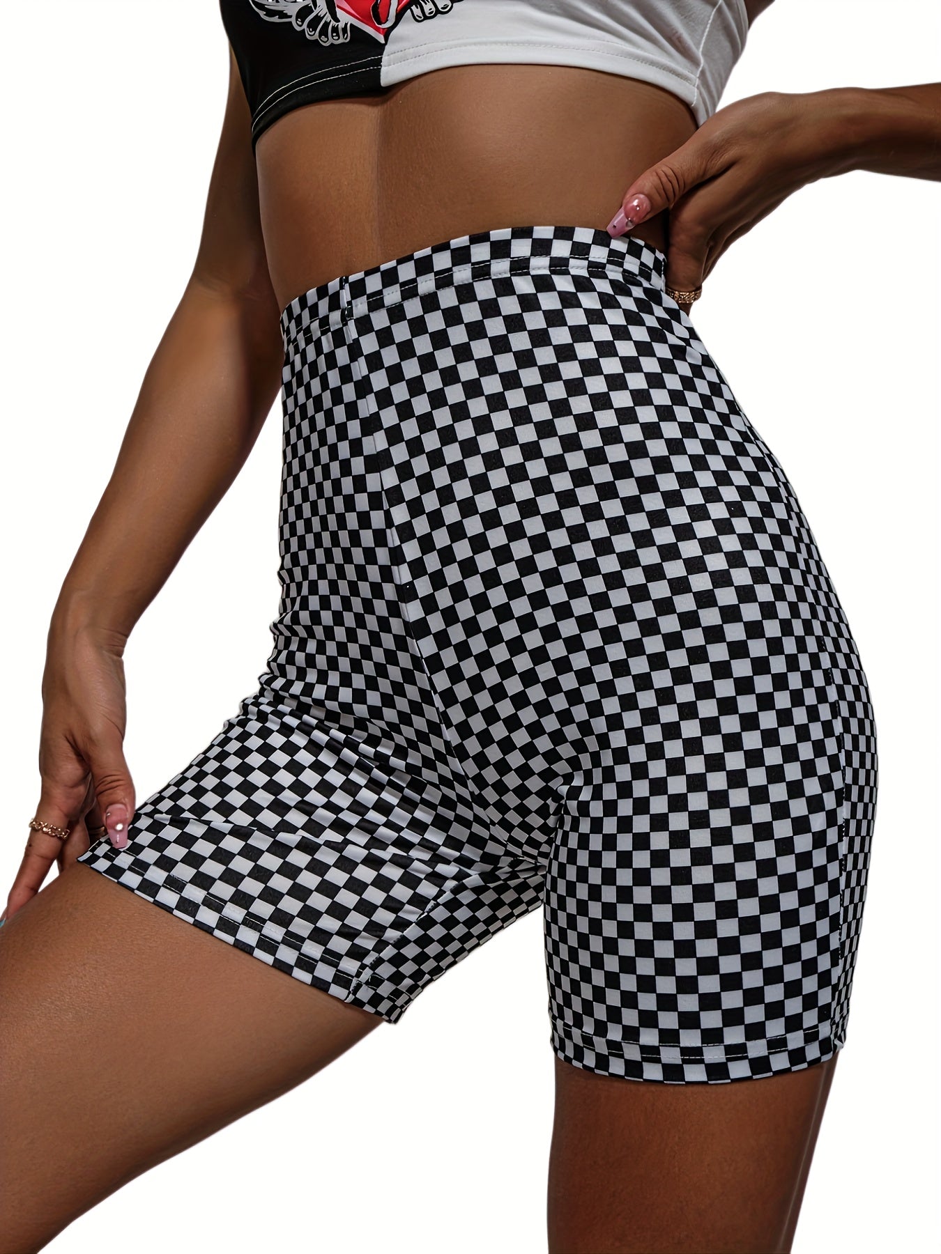 Checkerboard Print High Waist Slim Shorts Women's Clothing