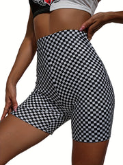 Checkerboard Print High Waist Slim Shorts Women's Clothing