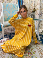 Cherry Print Lounge Dress Striped Home Dress Women's Loungewear