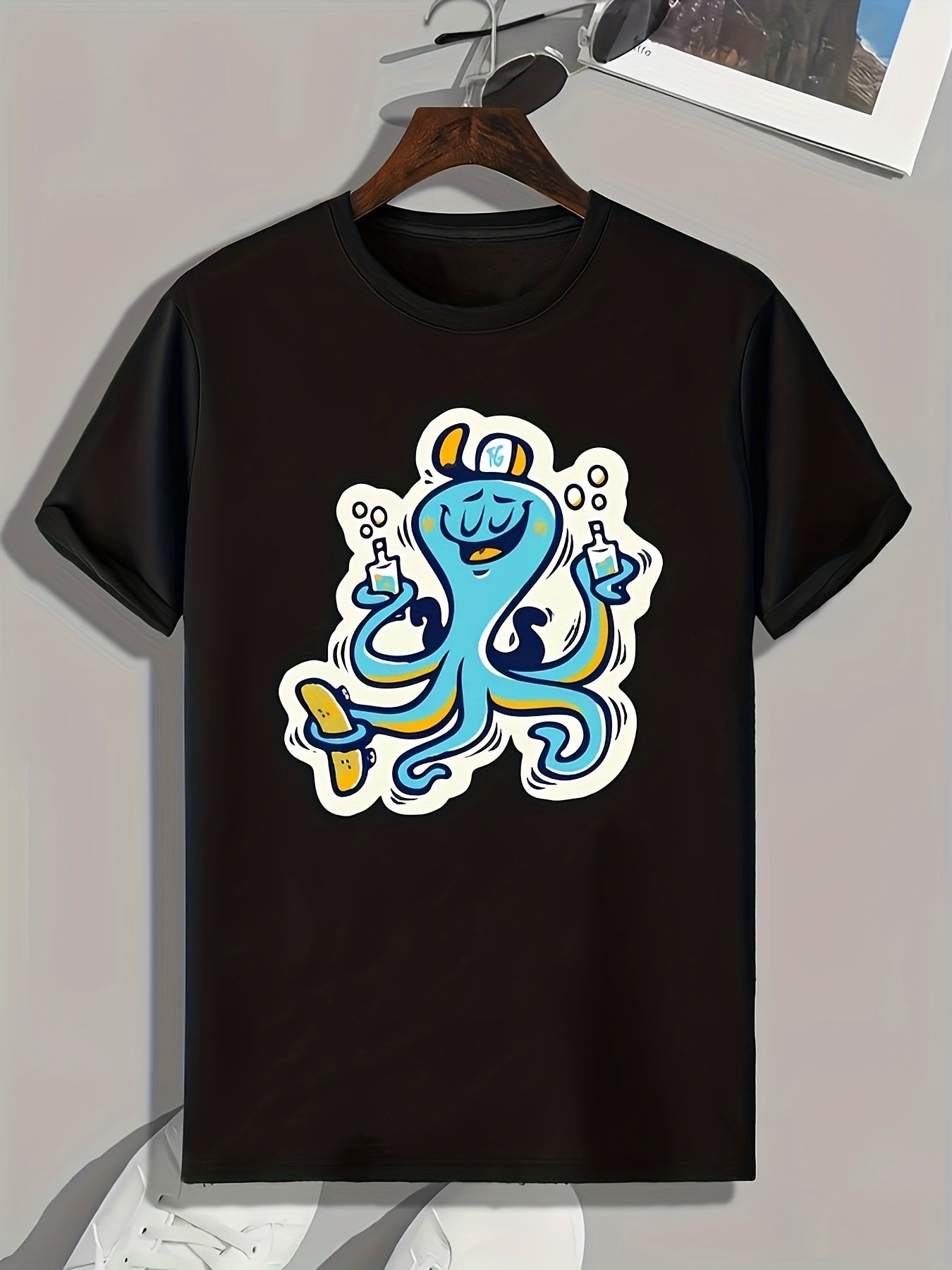 Cartoon Octopus Graphic Print Men's Tee for Summer