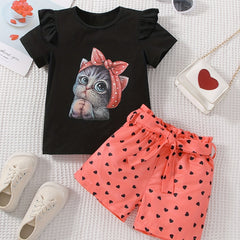 Girls Cat Graphic T-shirt & Heart Graphic Shorts Set for Summer Holiday Party