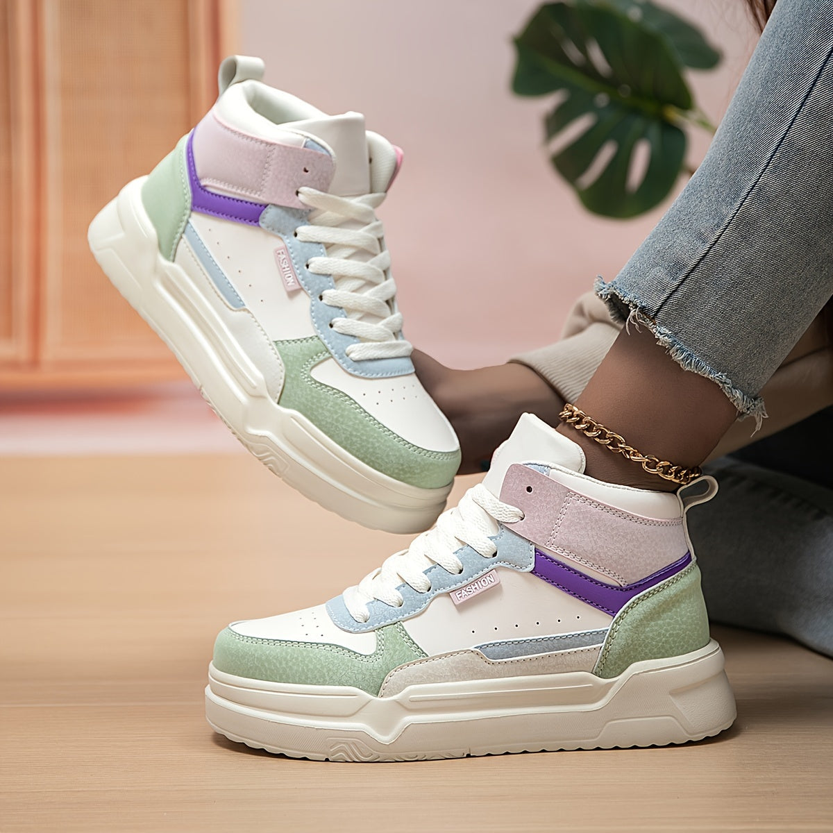 Women's Block Faux Leather Chunky Sneakers Casual Wear Resistance Non Slip Shoes
