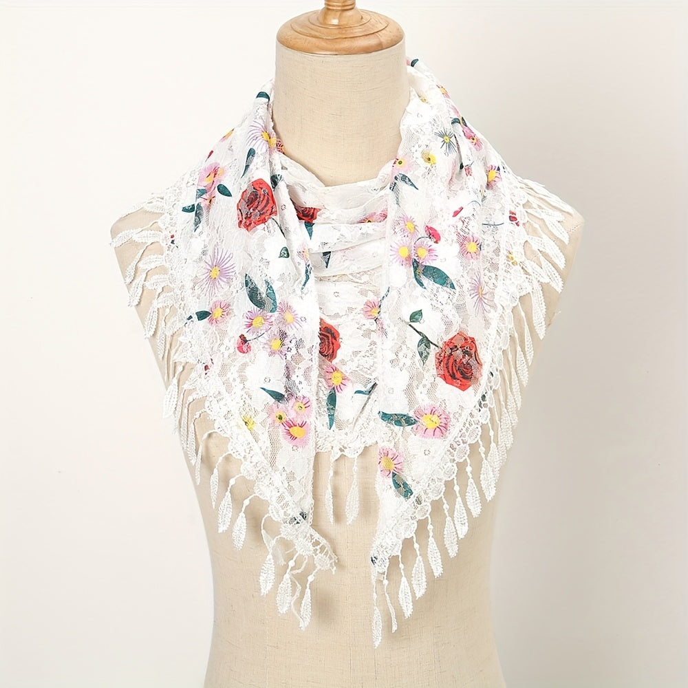 Flower Print Triangle Scarf Tassel Shawl