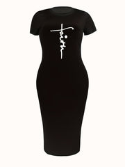 Plus Size Casual Dress Women's Plus Cross Letter Print Short Sleeve Dress