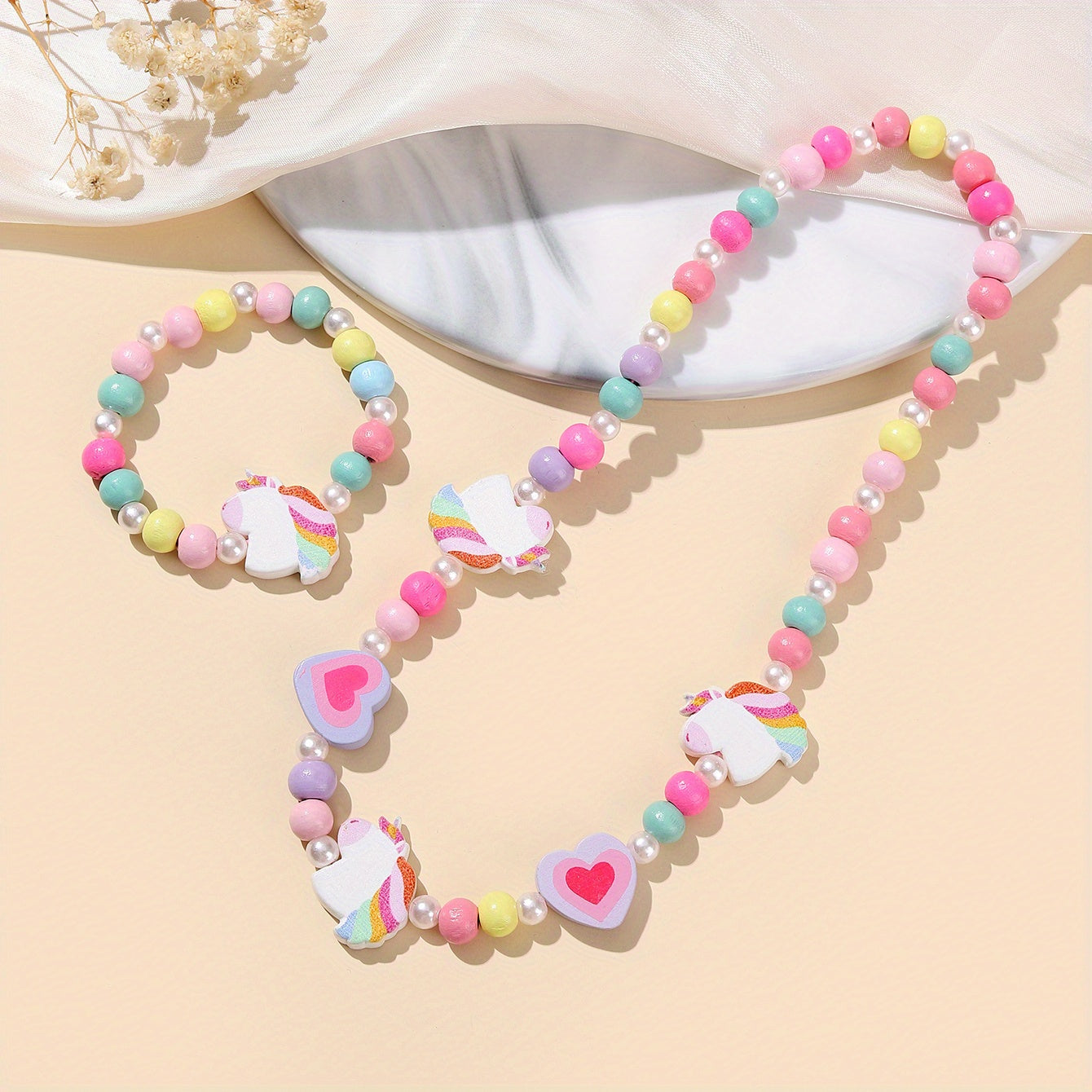 2pcs Cartoon Animal Beaded Necklace Bracelet Set for Girls