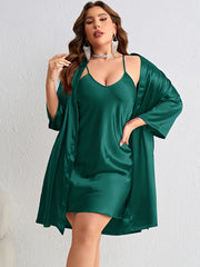 Sexy Satin Kimono Robe & V Neck Cami Dress Pajamas Set