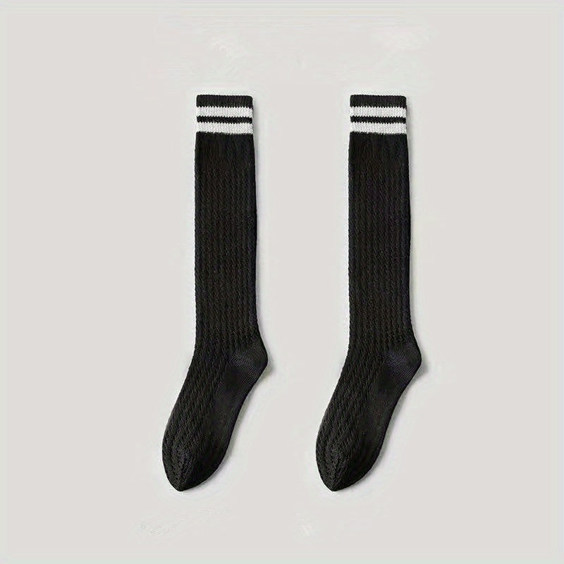 Geometric Striped Calf Socks Hollow Out Knee High Socks Women's Stockings