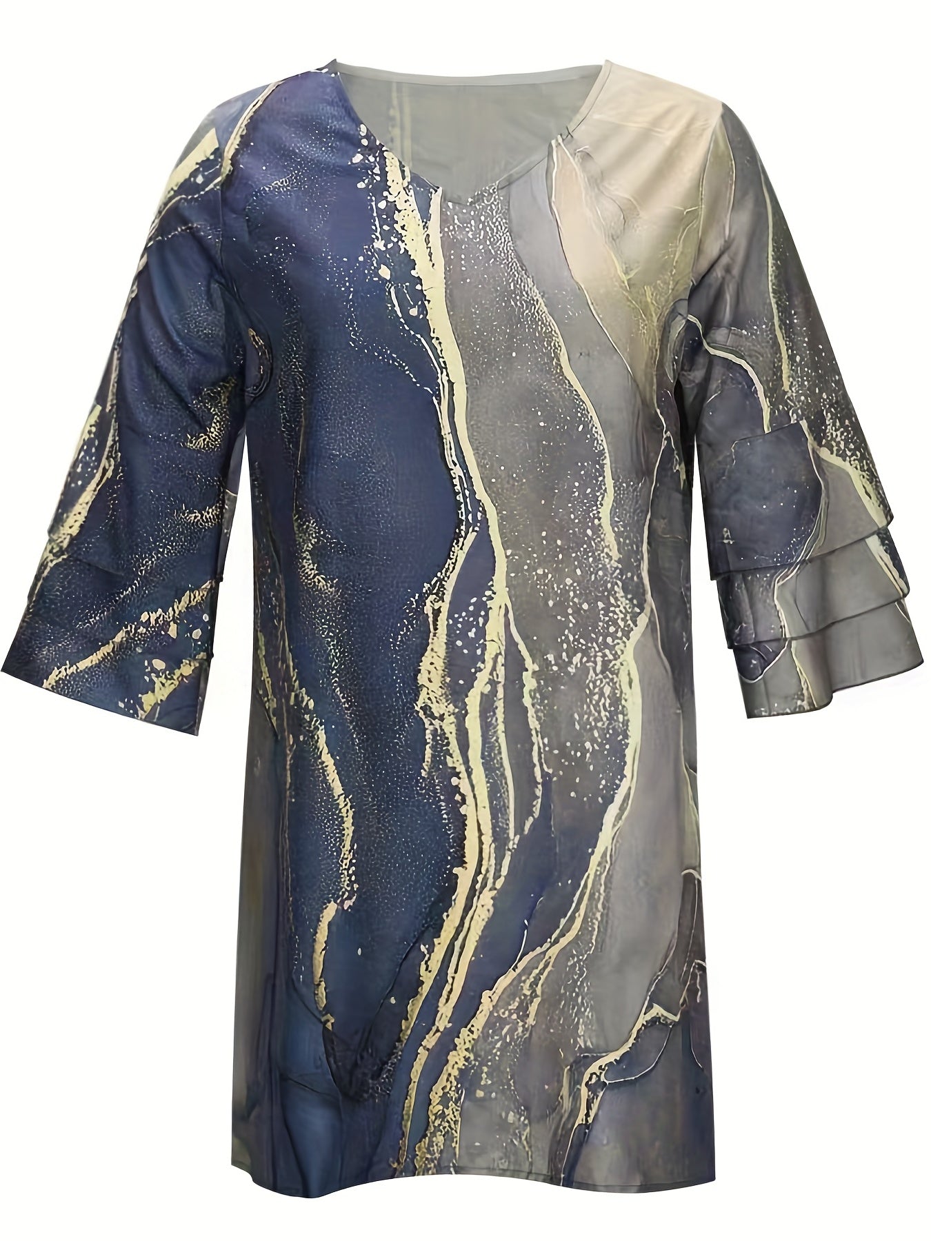 Marble Print Flared Sleeve Dress V Neck Loose Midi Dress
