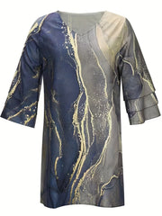 Marble Print Flared Sleeve Dress V Neck Loose Midi Dress