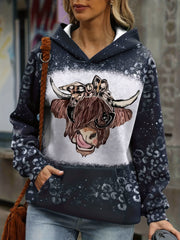 Cow Head Print Kangaroo Pocket Hoodie Long Sleeve Hoodies