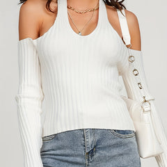 Sexy Ribbed Knit Cold Shoulder Halter Sweater
