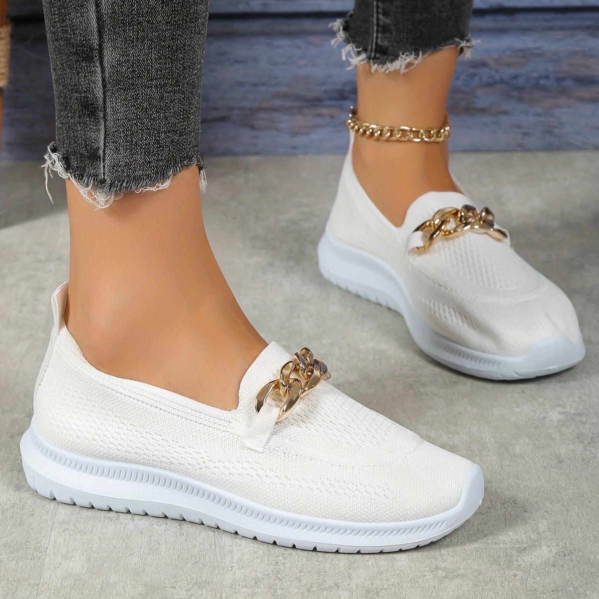 Women's Chain Decor Slip On Sneakers Outdoor Shoes Breathable Low Top