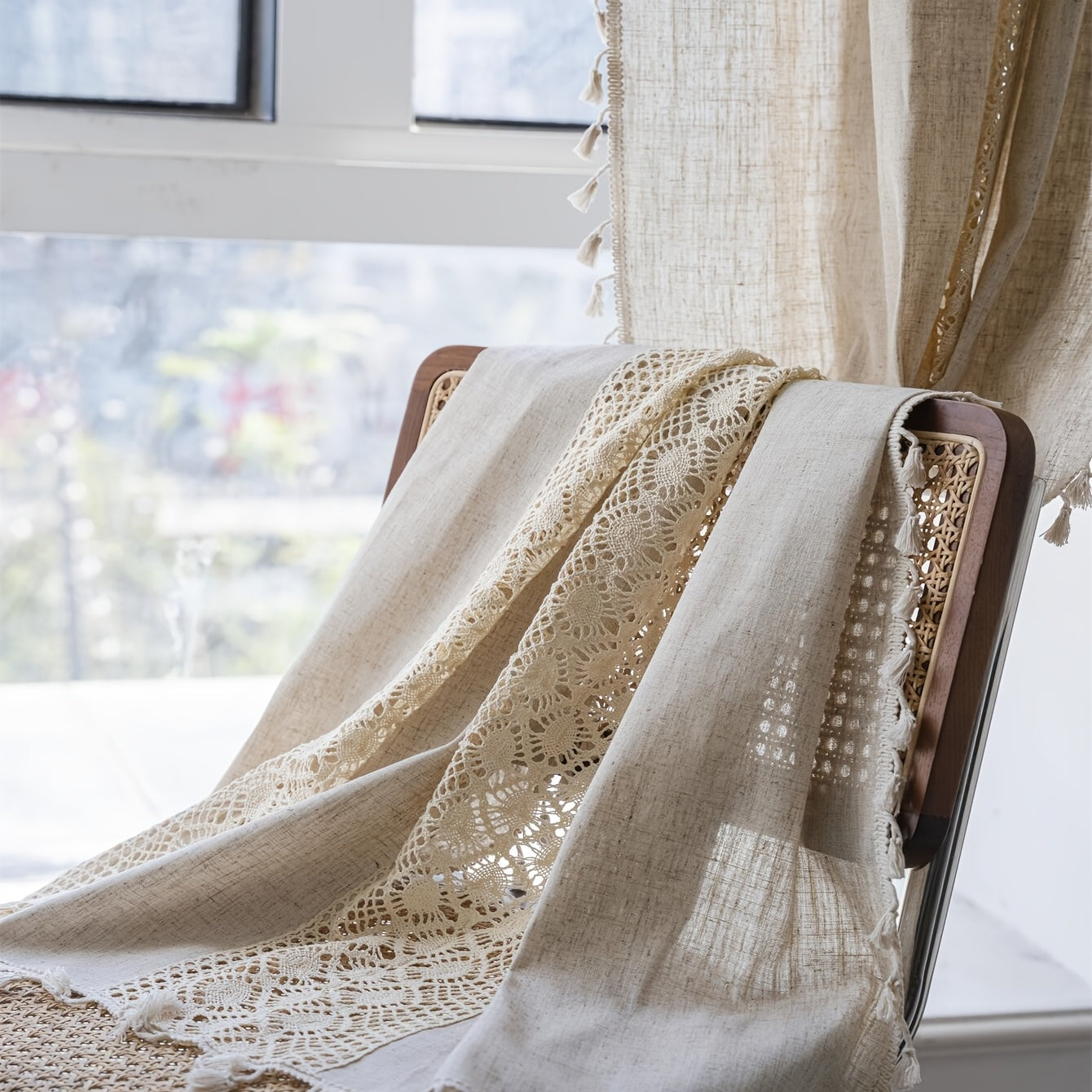 Boho Pure Linen Semi Blackout Curtain Farmhouse Style
