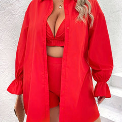 3 Piece Set Solid Button Blouse & Bra & Shorts Outfit