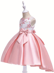Girls Floral Embroidery Princess Dress High Low Pleated Dress