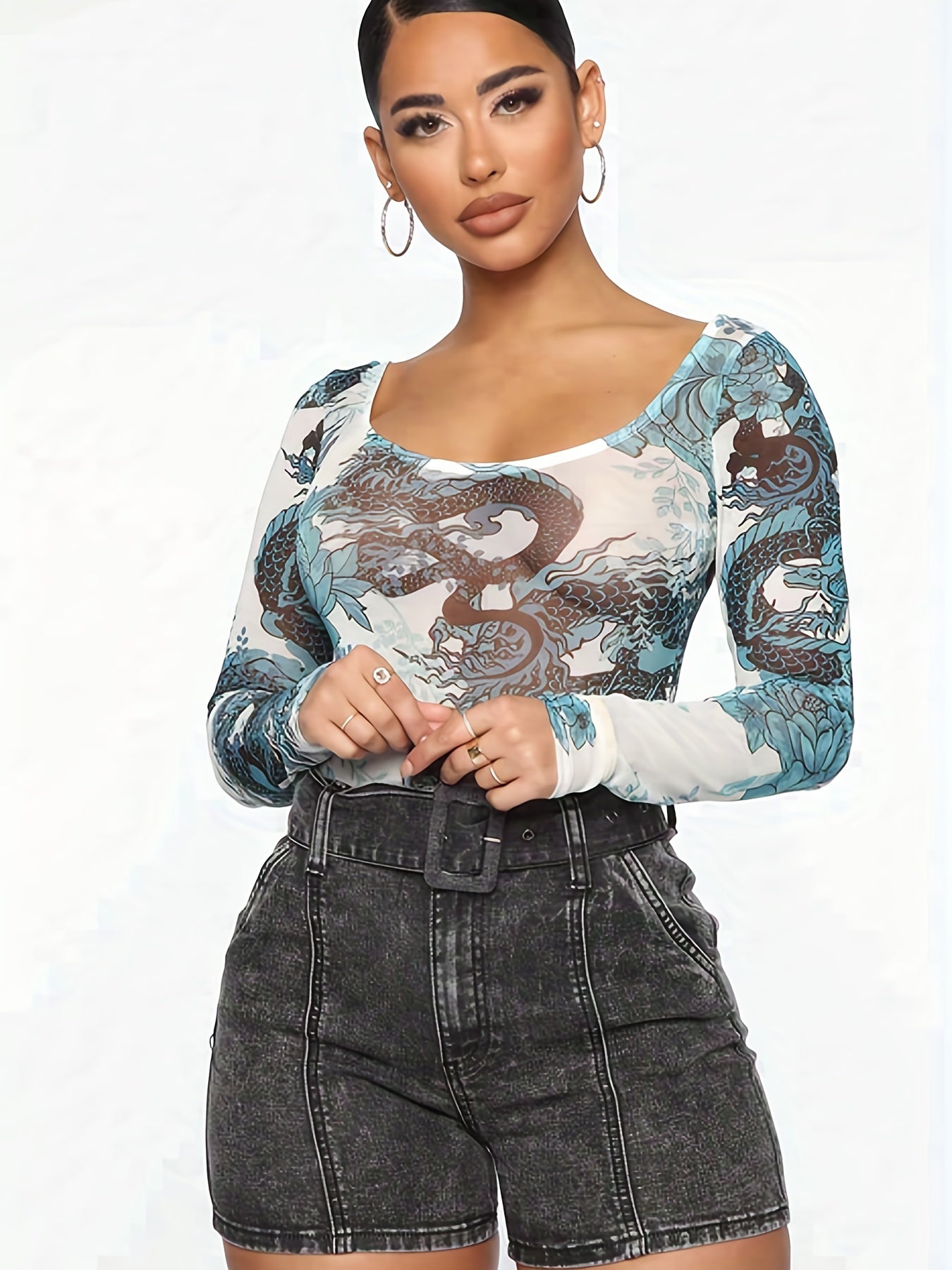 Dragon Print Sexy Bodysuit Long Sleeve Random Print Casual Bodysuit