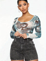 Dragon Print Sexy Bodysuit Long Sleeve Random Print Casual Bodysuit
