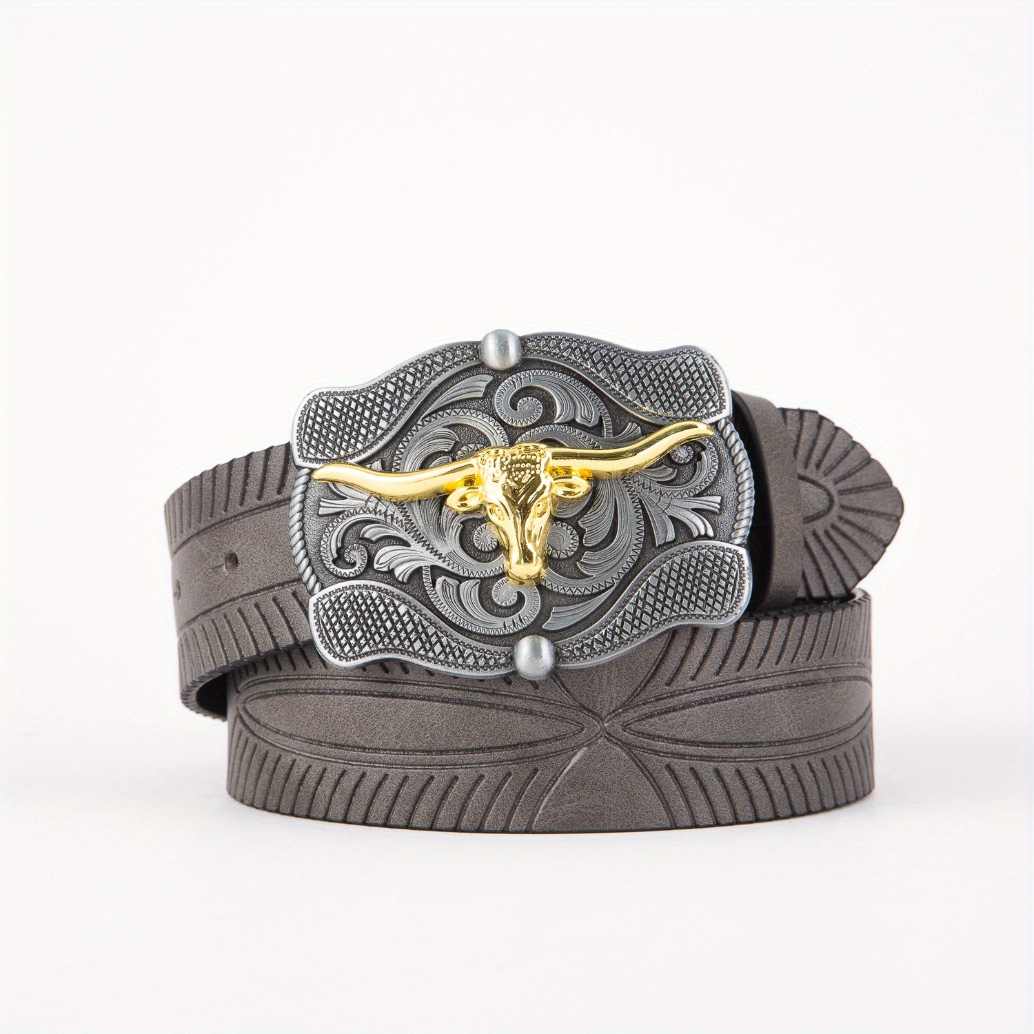Vintage Embossed Golden Bull Head Plate Buckle Leather Belt