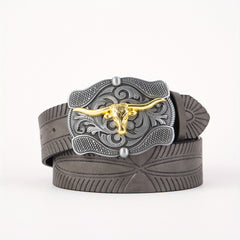 Vintage Embossed Golden Bull Head Plate Buckle Leather Belt