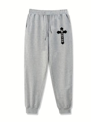 Cross Pattern Joggers Men's Casual Stretch Waist Drawstring Sports Pants