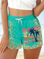 Coconut Tree & Letter Drawstring Shorts for Women