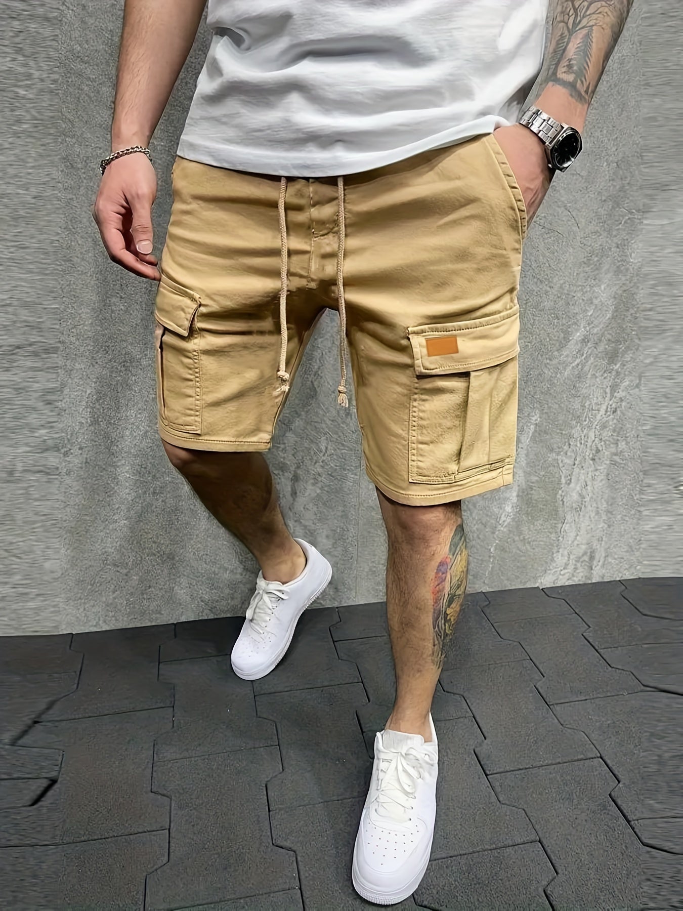 Men's Drawstring Cargo Short Pants Flap Pocket Loose Work Shorts
