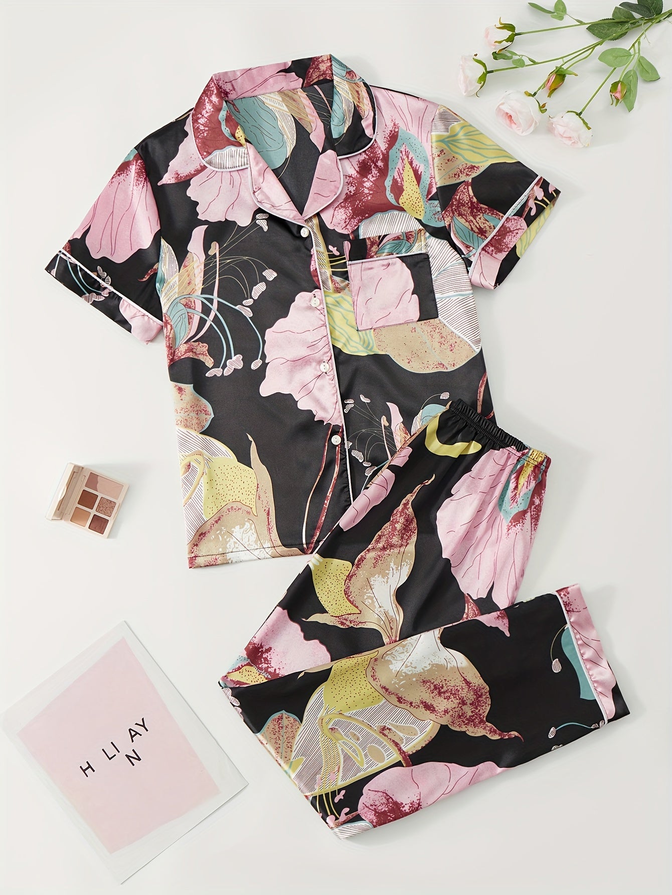 Floral Satin Pajama Set Short Sleeve Pocket Top & Long Pants